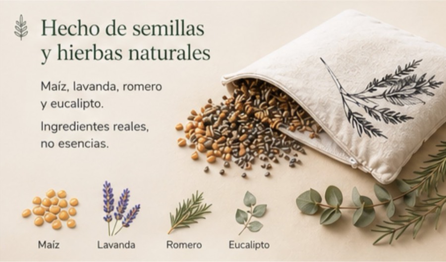 Hecho de semillas y hierbas naturales — Maíz, lavanda, romero y eucalipto. Ingredientes reales, no esencias.